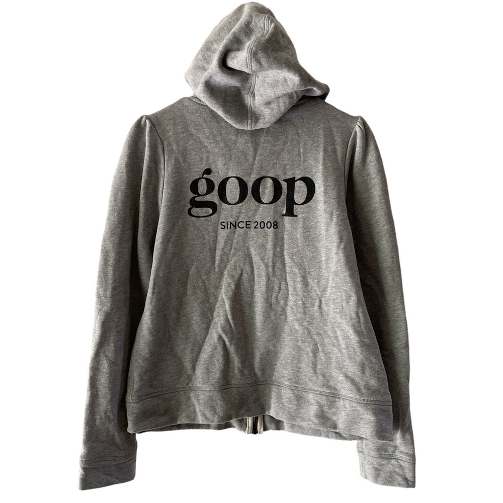 G. Label by Goop puff sleeve gray zip up hoodie with Goop since 2008 logo